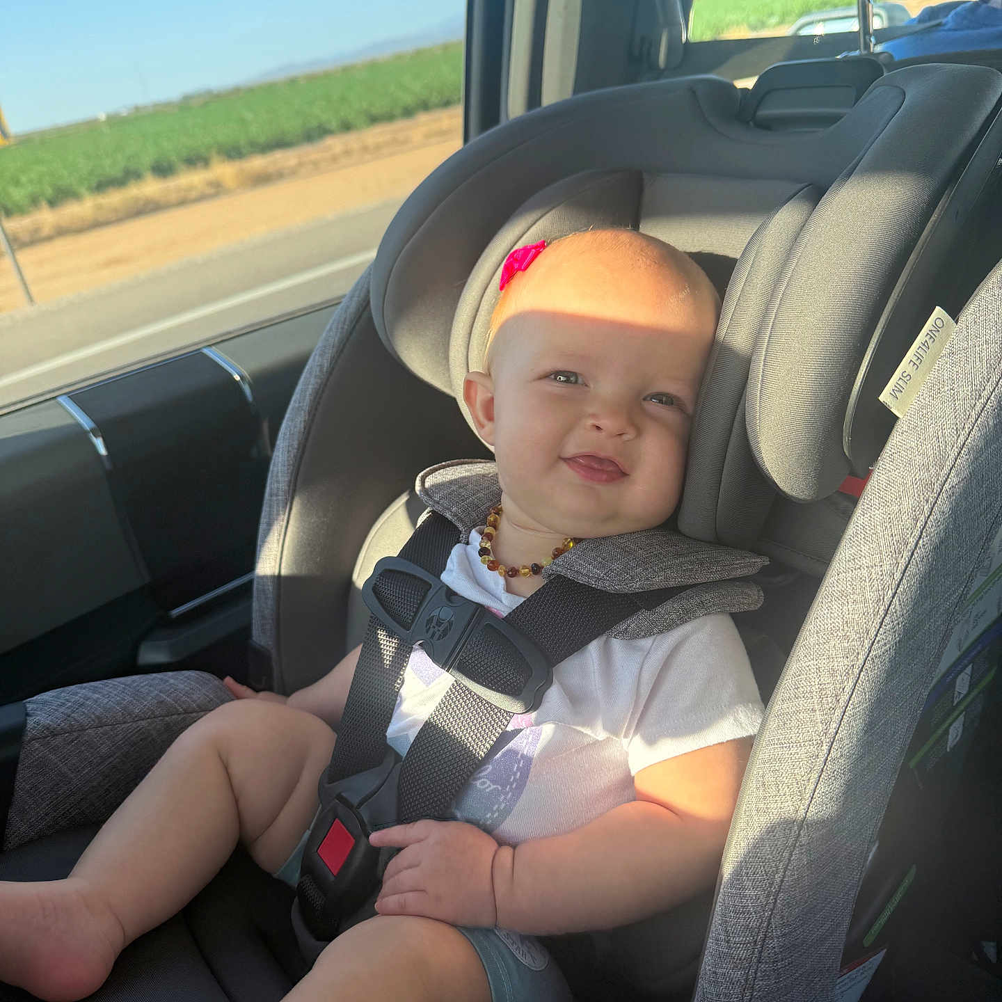 Oaklee is registered to the contest to win money with this photo: baby, child, car_seat, safety_harness, sunlight, car_interior, window, green_field, outdoor_view, smiling, headband, necklace, infant, seat_belt, road_trip, happy, casual_clothing, seat, daytime, portrait
