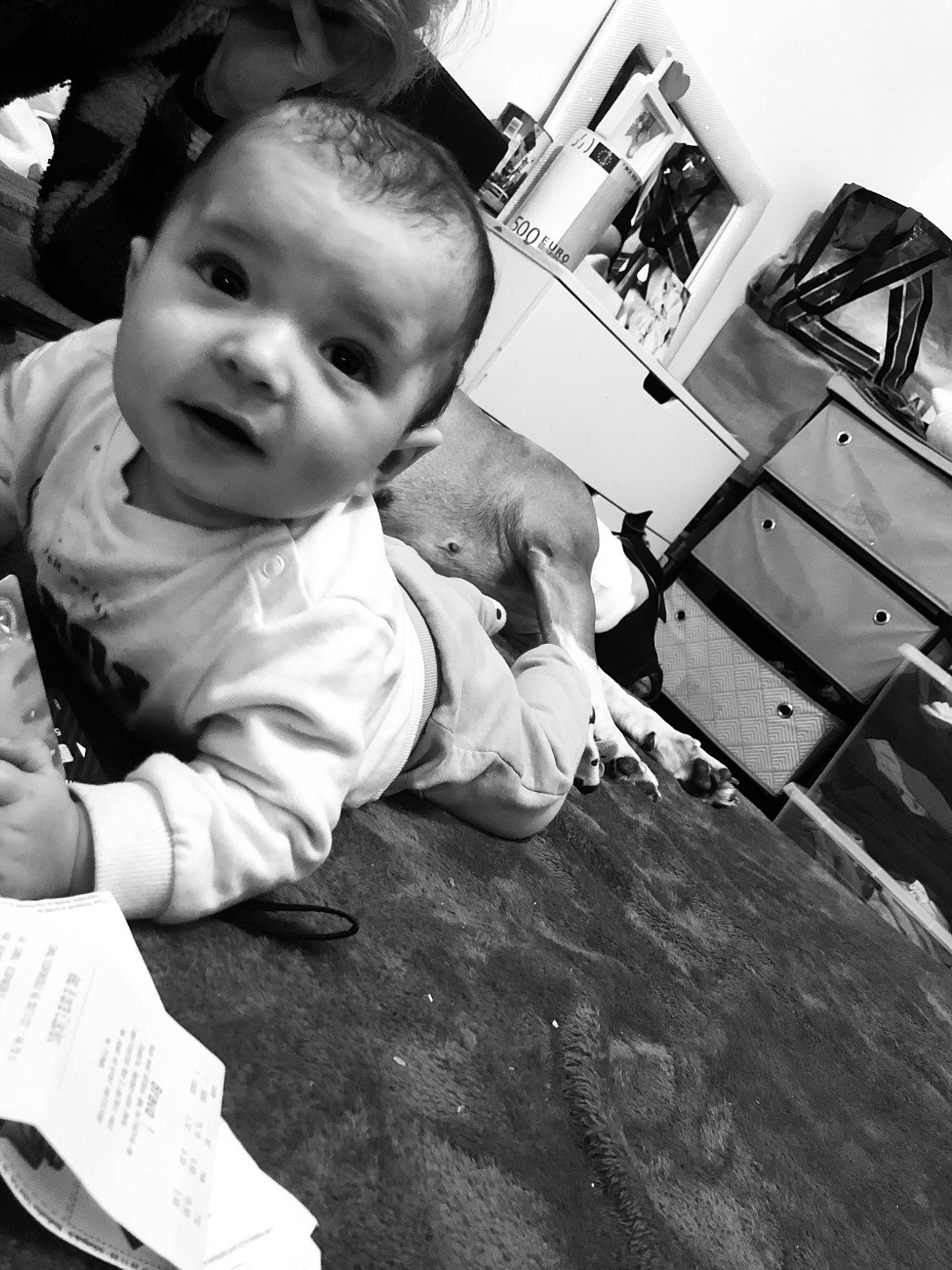 Tiago participe au concours pour gagner de l'argent avec cette photo : baby, black, black_and_white, cheek, child, flooring, fun, hairstyle, hand, happy, iris, monochrome, monochrome_photography, person, photograph, sitting, smile, snapshot, style, toddler