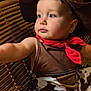 toddler, child, cowboy, hat, red_scarf, blue_eyes, wicker_chair, brown_clothing, costume, portrait, cute, indoor, baby, face, person, sitting, curious, expression, closeup, arm