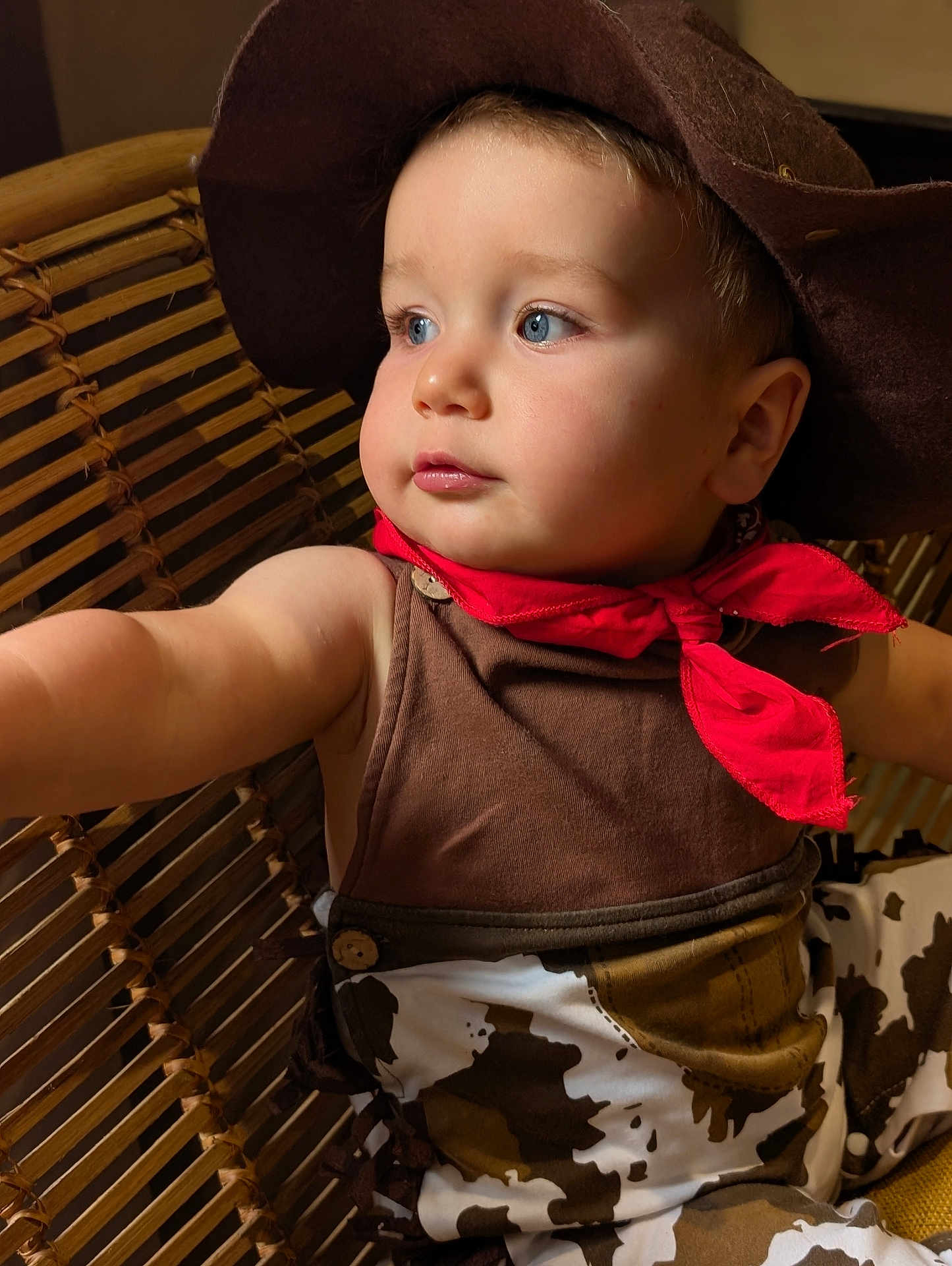 Nathan participe au concours pour gagner de l'argent avec cette photo : toddler, child, cowboy, hat, red_scarf, blue_eyes, wicker_chair, brown_clothing, costume, portrait, cute, indoor, baby, face, person, sitting, curious, expression, closeup, arm