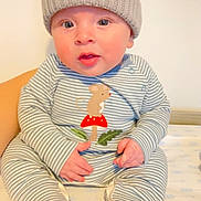 Jude is registered to the contest to win money with this photo: baby, beanie, bodypart, bonnet, cap, clothing, face, finger, hand, hat, head, pajamas, person, photography, portrait, sitting, sleeve