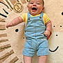 Liam participe au concours pour gagner de l'argent avec cette photo : baby, infant, smiling, denim_overalls, yellow_shirt, rug, patterned_rug, wooden_sign, 3_months, happy, lying_down, cute, child, portrait, indoors, milestone, celebration, soft_texture, person, face