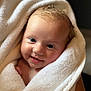 baby, infant, towel, smile, face, skin, eyes, hair, wrapped, soft, cute, child, newborn, portrait, happy, warm, cozy, closeup, person, indoors