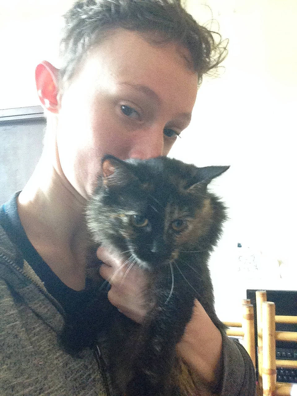 Orora participe au concours pour gagner de l'argent avec cette photo : beard, carnivore, cat, domestic_short_haired_cat, ear, facial_hair, fawn, felidae, gesture, hair, happy, iris, jaw, neck, organ, small_to_medium_sized_cats, snout, t_shirt, vertebrate, whiskers