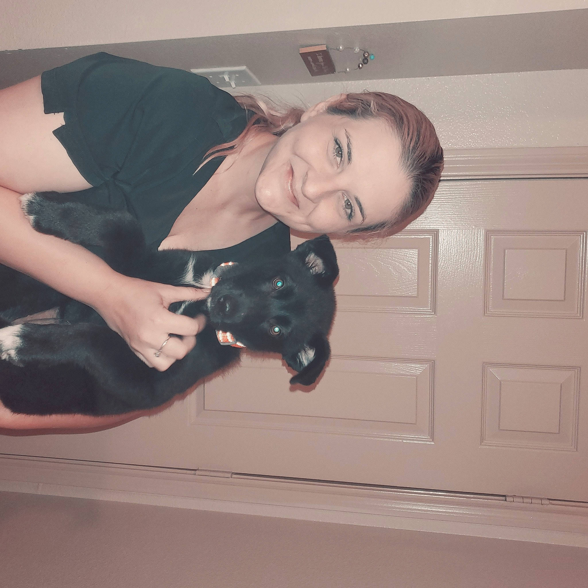 Courage is registered to the contest to win money with this photo: abdomen, black_hair, carnivore, comfort, dog_breed, dress, elbow, eye, felidae, flash_photography, gesture, happy, human_leg, knee, long_hair, small_to_medium_sized_cats, smile, thigh, trunk, waist