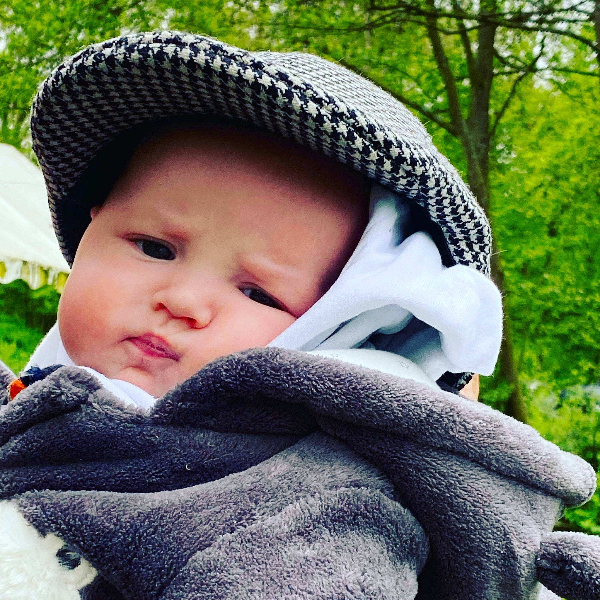 Timéo participe au concours pour gagner de l'argent avec cette photo : baby, baby_products, baby_toddler_clothing, beanie, cap, child, fashion_accessory, fur, grass, headgear, headwear, knit_cap, pattern, people_in_nature, person, sitting, sleeve, toddler, tree, winter
