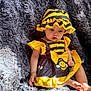 baby, child, infant, costume, bee_costume, hat, yellow, black, dress, blanket, soft_texture, sitting, cute, adorable, indoors, portrait, person, skin, foot, hand