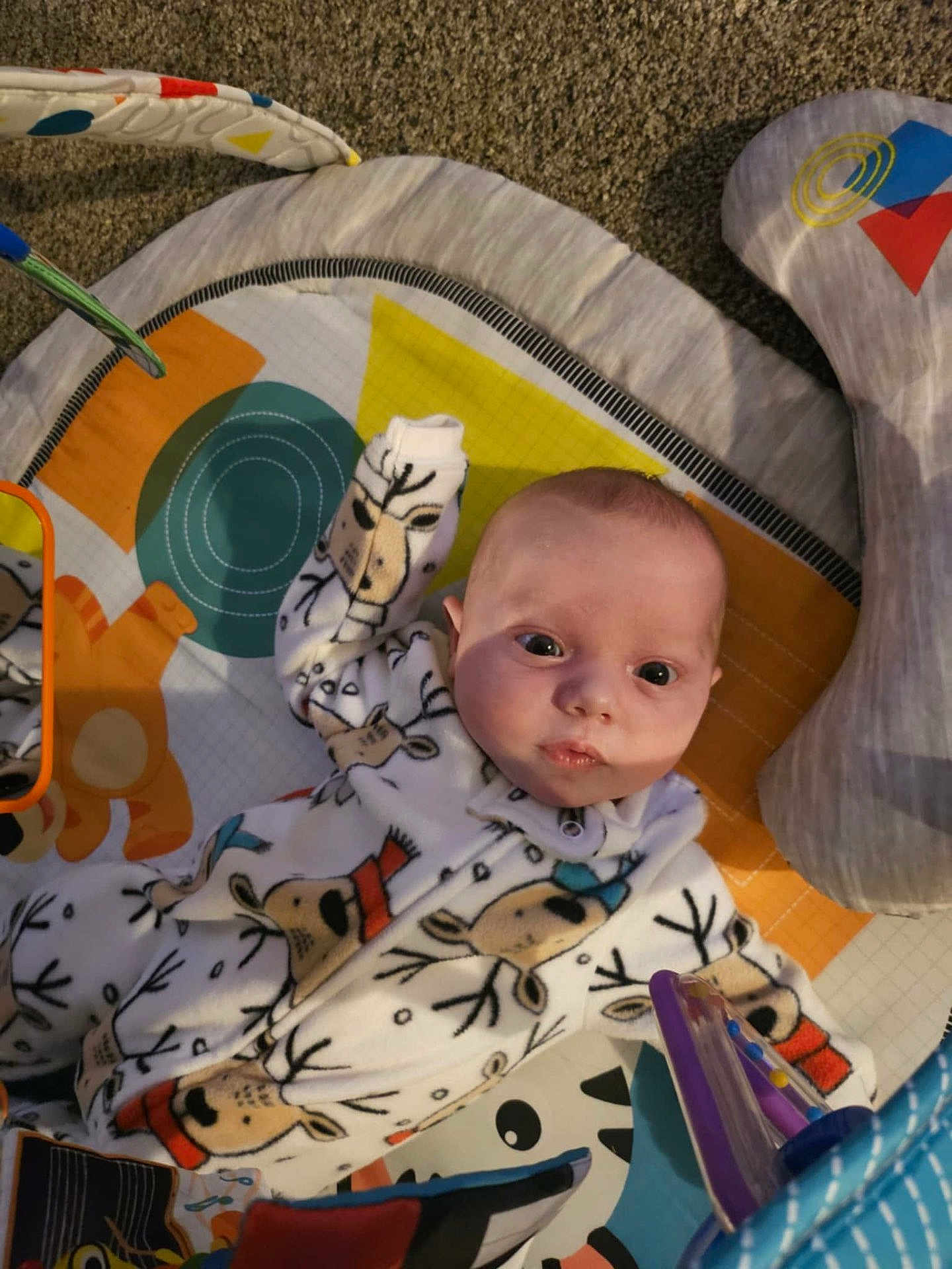 Wytinia joined the competition — help win amazing prizes! baby, infant, onesie, reindeer_pattern, play_mat, toy, colorful, floor, carpet, face, expression, clothing, child, indoor, cute, young, person, lying_down, looking_up, cozy