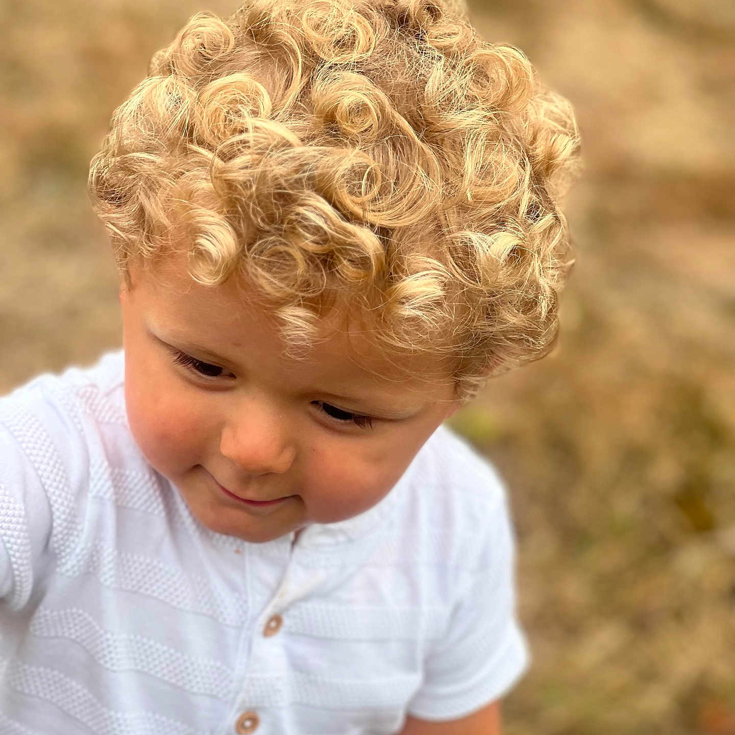Liam a rejoint le concours — aidez-le/la à gagner de superbes lots ! background_blur, blond_hair, casual_clothing, child, childhood, closeup, curly_hair, cute, face, happy, innocent, nature, outdoor, person, portrait, smile, soft_light, toddler, white_shirt, young