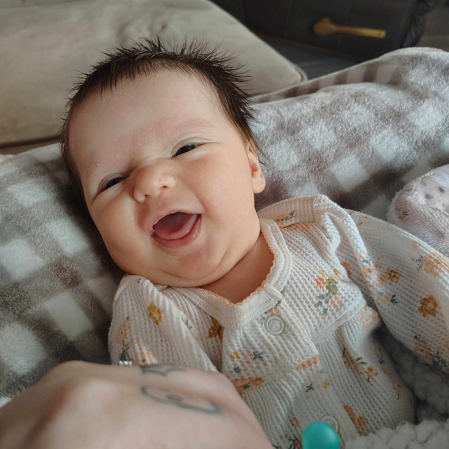 Willow is registered to the contest to win money with this photo: baby, babylaughing, bodypart, face, finger, hand, happy, head, laughing, newborn, person, photography, portrait, smile, wrist