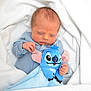 newborn, baby, sleeping, blue_clothing, plush_toy, stuffed_animal, blanket, soft, cute, infant, peaceful, child, cozy, indoor, portrait, resting, toddler, hand, face, lying_down
