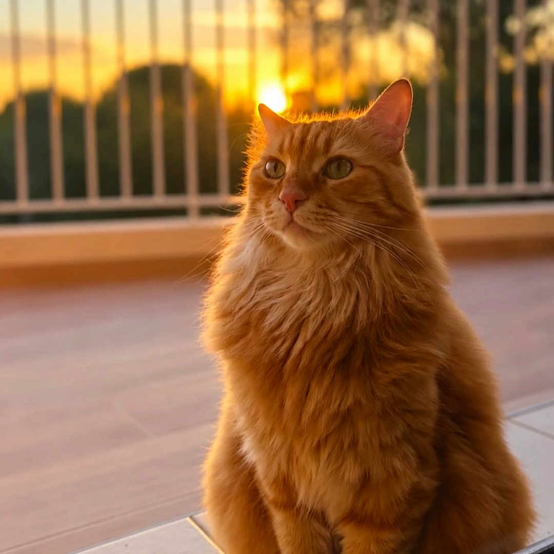 Oliver participe au concours pour gagner de l'argent avec cette photo : cat, ginger_cat, orange_fur, fluffy, longhaired, feline, portrait, sitting, balcony, terrace, sunset, golden_hour, outdoor, railing, tile_floor, green_eyes, whiskers, pet, animal, photography