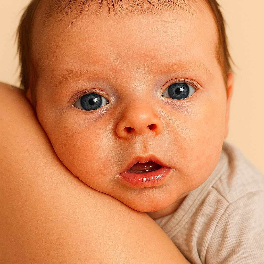 Raphaël participe au concours pour gagner de l'argent avec cette photo : arm, baby, blue_eyes, child, close_up, cute, expression, face, hair, human, indoor, infant, looking, newborn, person, portrait, resting, skin, soft_light, young