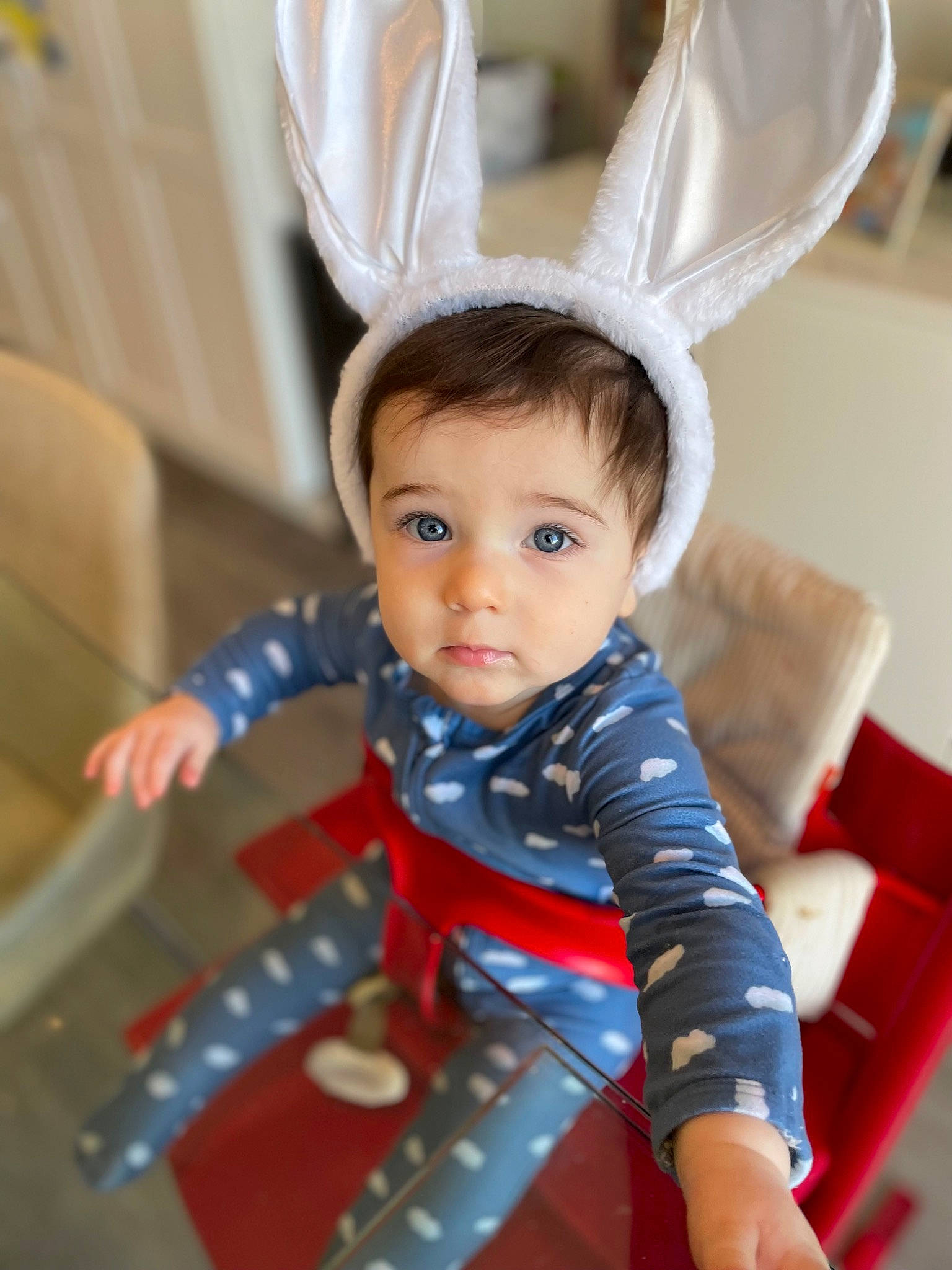 Hunter is registered to the contest to win money with this photo: baby, baby_toddler_clothing, carmine, chair, child, costume, electric_blue, eye, fashion_accessory, fictional_character, fun, happy, head, human_body, pattern, person, room, sitting, sleeve, toddler