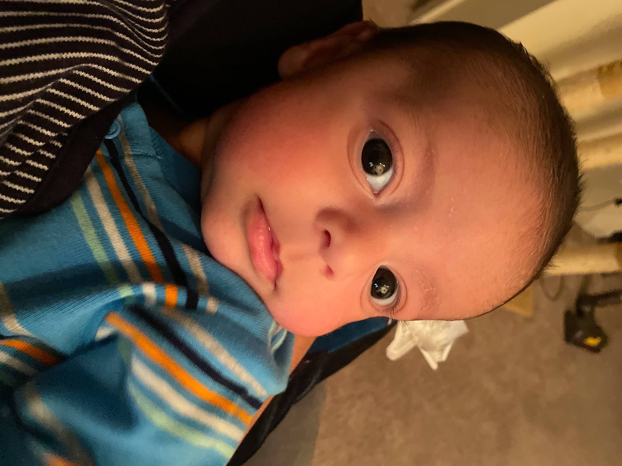 Oliver is registered to the contest to win money with this photo: baby, cheek, chin, eye, eyebrow, eyelash, facial_expression, flash_photography, hairstyle, head, headgear, iris, lip, mouth, nose, person, plant, skin, smile, toddler