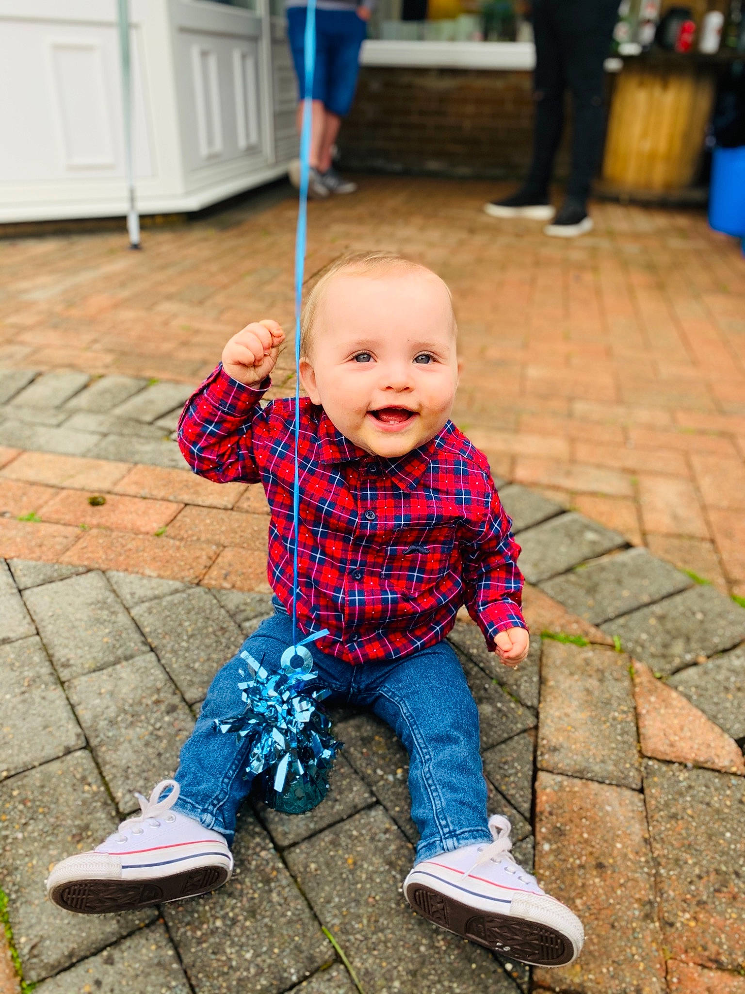 Bertie is registered to the contest to win money with this photo: baby, baby_toddler_clothing, blue, eye, face, grass, green, happy, head, human, jeans, joy, leg, leisure, person, shoe, sleeve, smile, standing, toddler