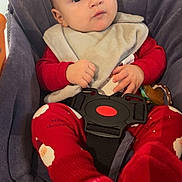 Leandro participe au concours pour gagner de l'argent avec cette photo : baby, baby_seat, bib, child, christmas, clothing, cute, face, festive, footwear, gray_seat, hands, holiday, indoor, infant, plush, portrait, red_pajamas, santa_claus, socks