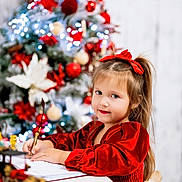Nicole joined the competition — help win amazing prizes! child, girl, red_dress, christmas_tree, holiday, decorations, writing, desk, quill, festive, smile, long_hair, ribbon, indoors, celebration, seasonal, portrait, happy, festivity, toy_car
