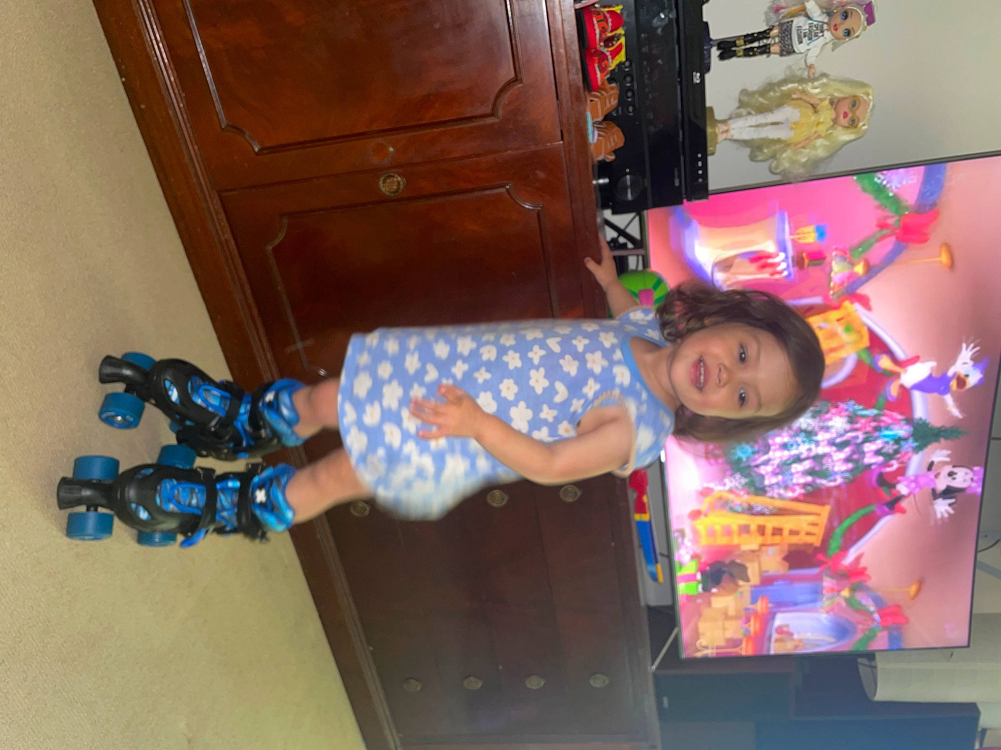 Beatrice joined the competition — help win amazing prizes! art, baby_toddler_clothing, child, flooring, fun, leisure, linens, pattern, person, play, room, sandal, smile, sock, t_shirt, toddler, visual_arts, wood