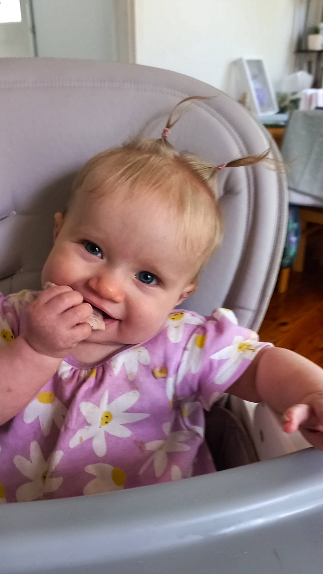 Lucinda is registered to the contest to win money with this photo: baby, baby_products, baby_toddler_clothing, blond, cheek, child, comfort, eyebrow, eyelash, fun, hand, happy, iris, laundry_room, person, pink, product, purple, skin, smile