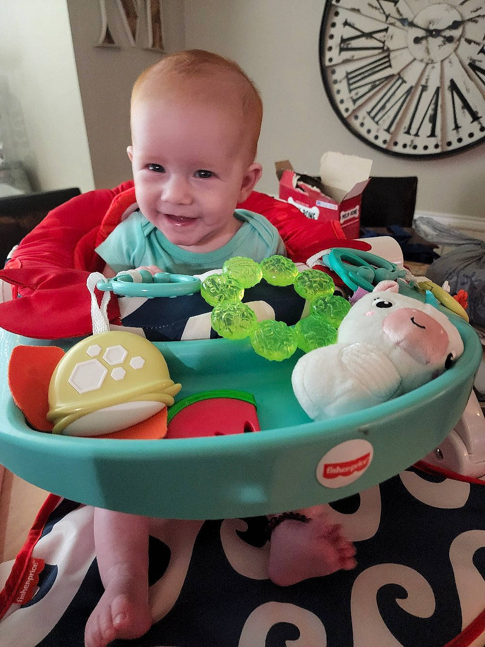 Hazel joined the competition — help win amazing prizes! baby, baby_playing_with_toys, baby_products, baby_toddler_clothing, baby_toys, basket, cheek, child, green, happy, joy, mechanical_fan, person, picture_frame, product, room, sharing, smile, stuffed_toy, sweetness