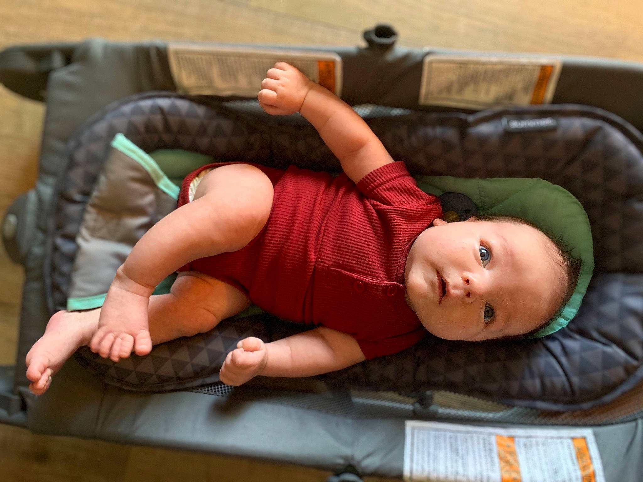 Caspen joined the competition — help win amazing prizes! baby, baby_toddler_clothing, comfort, couch, elbow, finger, foot, gesture, human, human_body, human_leg, joint, lap, person, skin, sock, thigh, thumb, toddler, wood