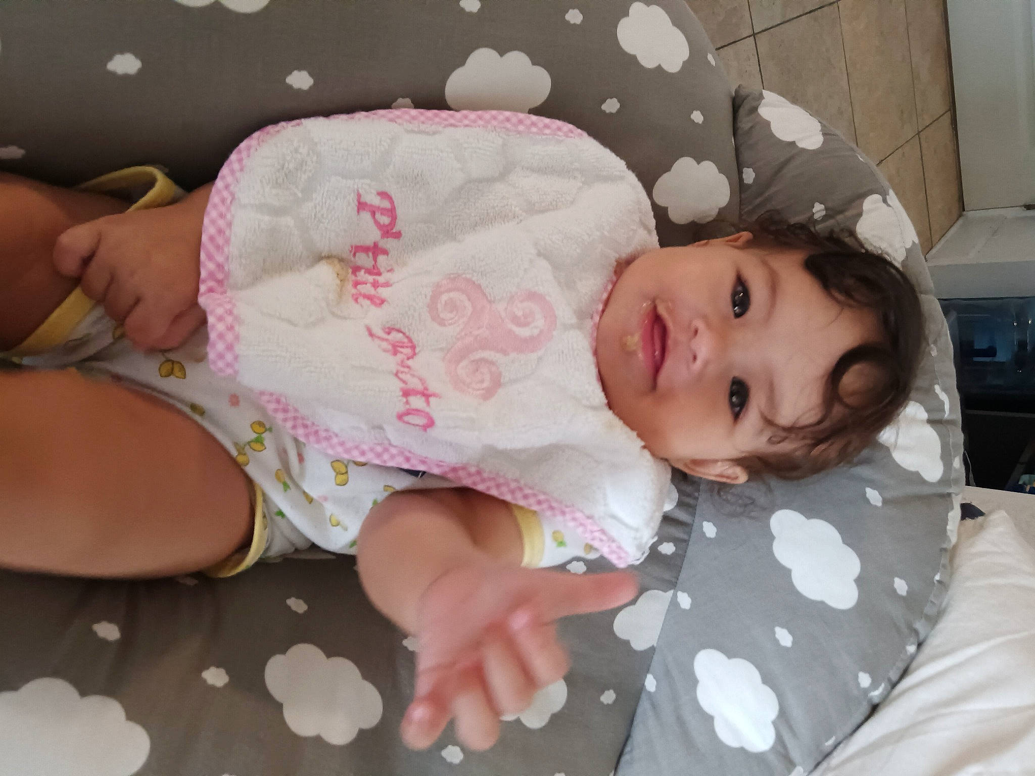 Lea joined the competition — help win amazing prizes! baby, baby_toddler_clothing, bedding, cheek, child, comfort, eye, foot, human_leg, linens, mouth, nail, pattern, person, pink, room, skin, sleeve, smile, thigh