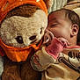 baby, pacifier, sleeping, teddy_bear, stuffed_animal, orange_hoodie, soft_texture, cuddle, infant, cute, sleep, child, plush, cozy, bedtime, wearing_clothes, hand, face, close_up, indoor
