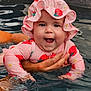 baby, child, cute, fun, hand, happy, hat, outdoor, parent, person, pink, playful, skin, smiling, splashing, strawberry_pattern, summer, swimming_pool, swimwear, water
