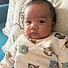 baby, infant, face, pillow, couch, clothing, bear_pattern, cute, indoors, child, portrait, sitting, cozy, soft_texture, expression, young, comfortable, home, apparel, resting