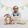 baby, child, basket, plush_toy, bunny, decorative_eggs, bunting_flags, indoor, floor, white_wall, patterned_shirt, bow_tie, smiling, happy, cozy, soft_blanket, festive, cute, portrait, celebration