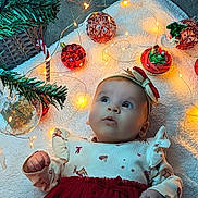 Maisie is registered to the contest to win money with this photo: baby, blanket, celebration, child, christmas, cozy, cute, decorations, face, festive, headband, holiday, indoors, infant, lights, ornaments, portrait, red_dress, smiling, winter