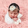 adorable, baby, blanket, child, closeup, cozy, cuddling, cute, flower, fluffy, headband, infant, newborn, peaceful, pink, portrait, resting, sleeping, soft, teddy_bear