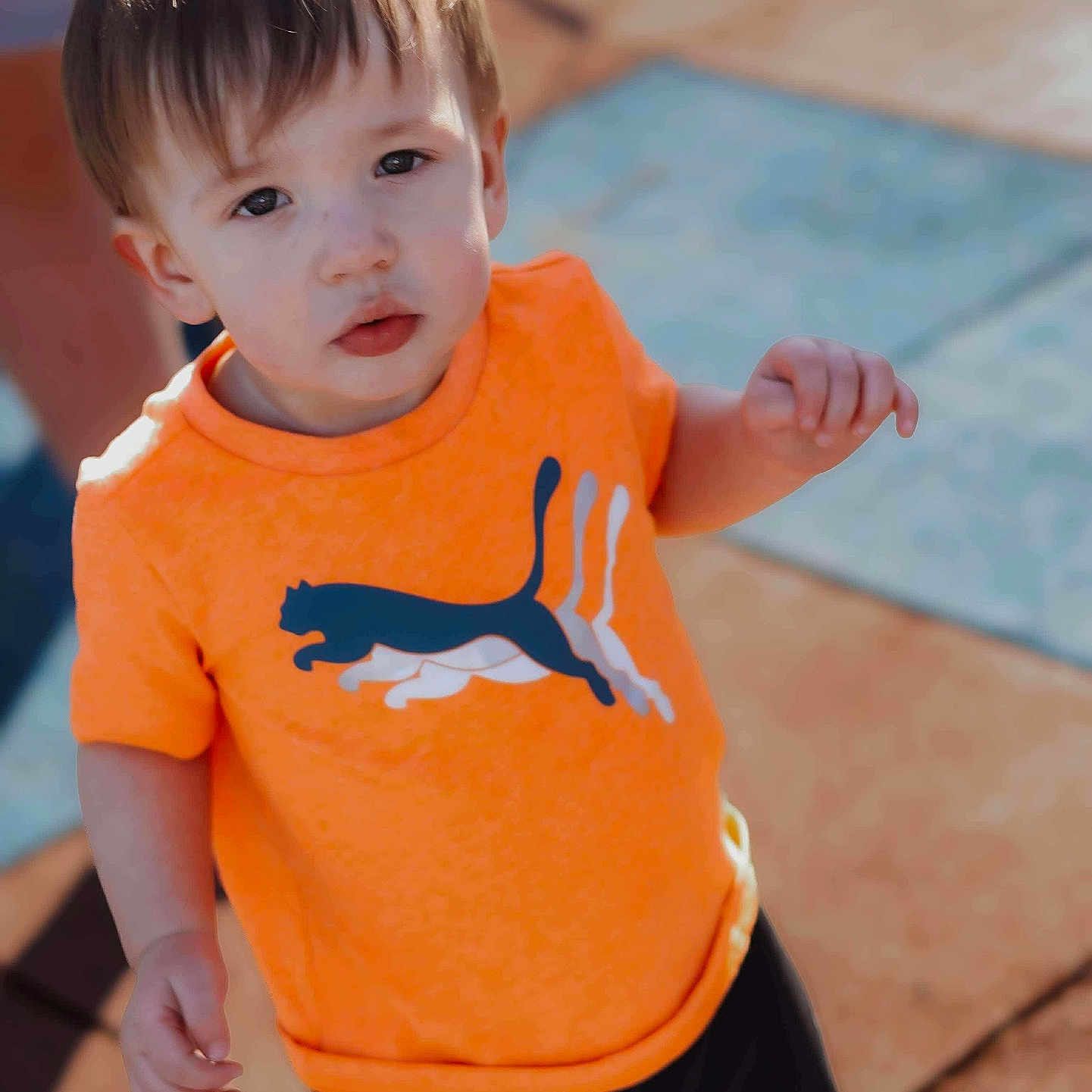 Zayden is registered to the contest to win money with this photo: bright_colors, casual_clothing, cat_graphic, child, curious, cute, daylight, expression, looking_up, orange_shirt, outdoor, pavement, person, portrait, short_hair, small_child, standing, sunlight, toddler, young_child