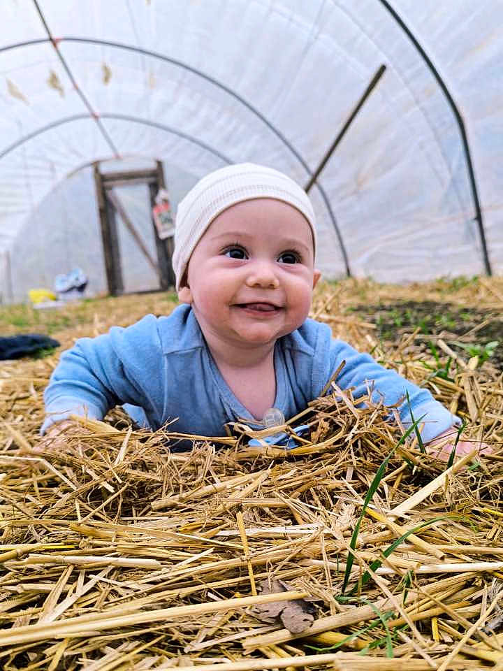 Eden a rejoint le concours — aidez-le/la à gagner de superbes lots ! baby, infant, child, smiling, straw, hay, greenhouse, tunnel, beanie, pacifier, crawling, ground, portrait, cute, outdoor, farm, grass, eyes, hands, happy