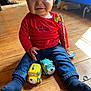 toddler, child, toy, wooden_floor, red_shirt, blue_jeans, socks, smiling, indoor, sunlight, animal_toys, pacifier, dog, home, floor, playtime, cute, happy, person, casual_clothing