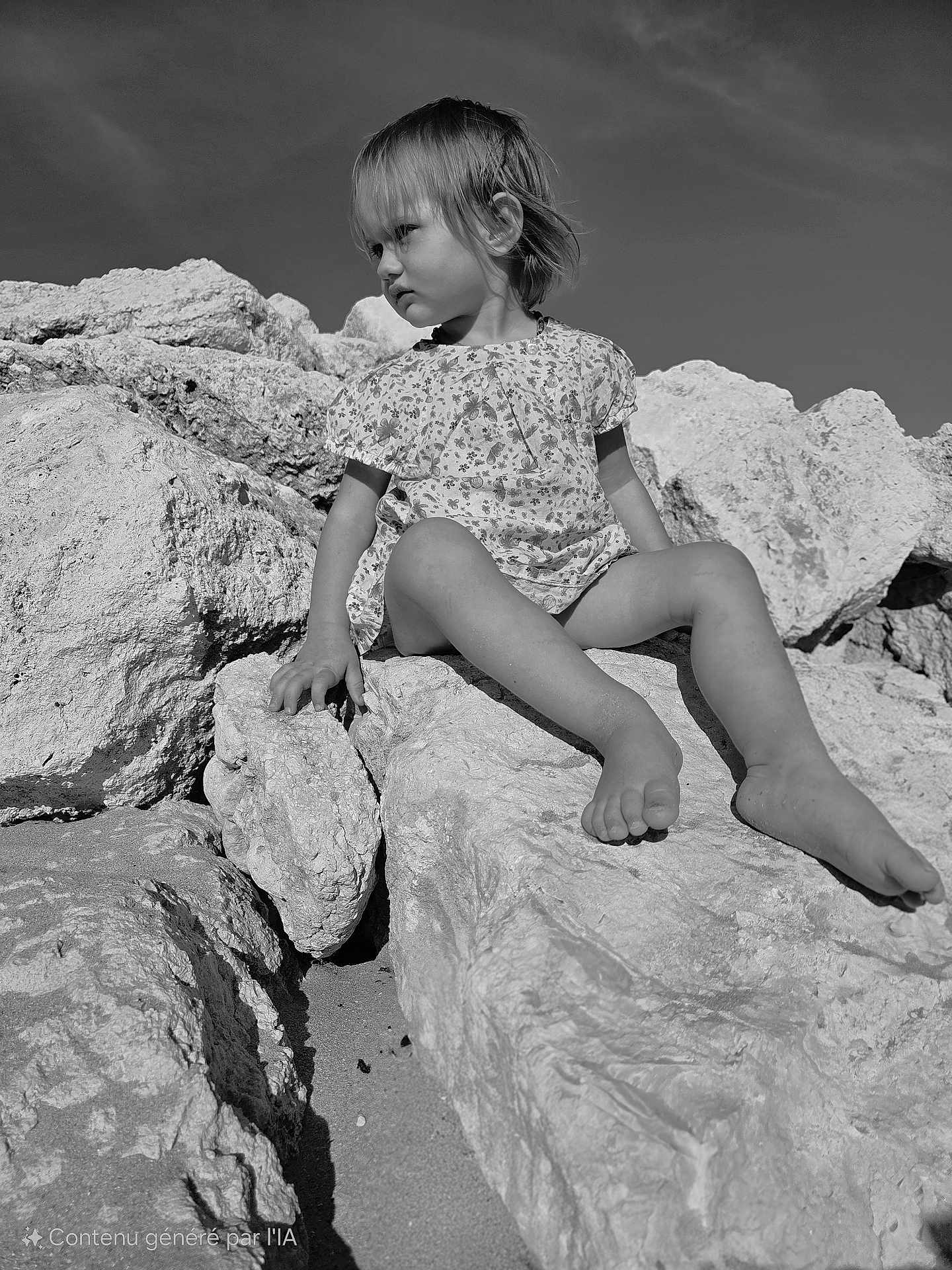 Lou a rejoint le concours — aidez-le/la à gagner de superbes lots ! child, toddler, barefoot, rocks, outdoor, sky, sand, dress, serious_expression, sitting, nature, sunlight, monochrome, portrait, young_child, small_person, bare_legs, casual, daylight, side_view