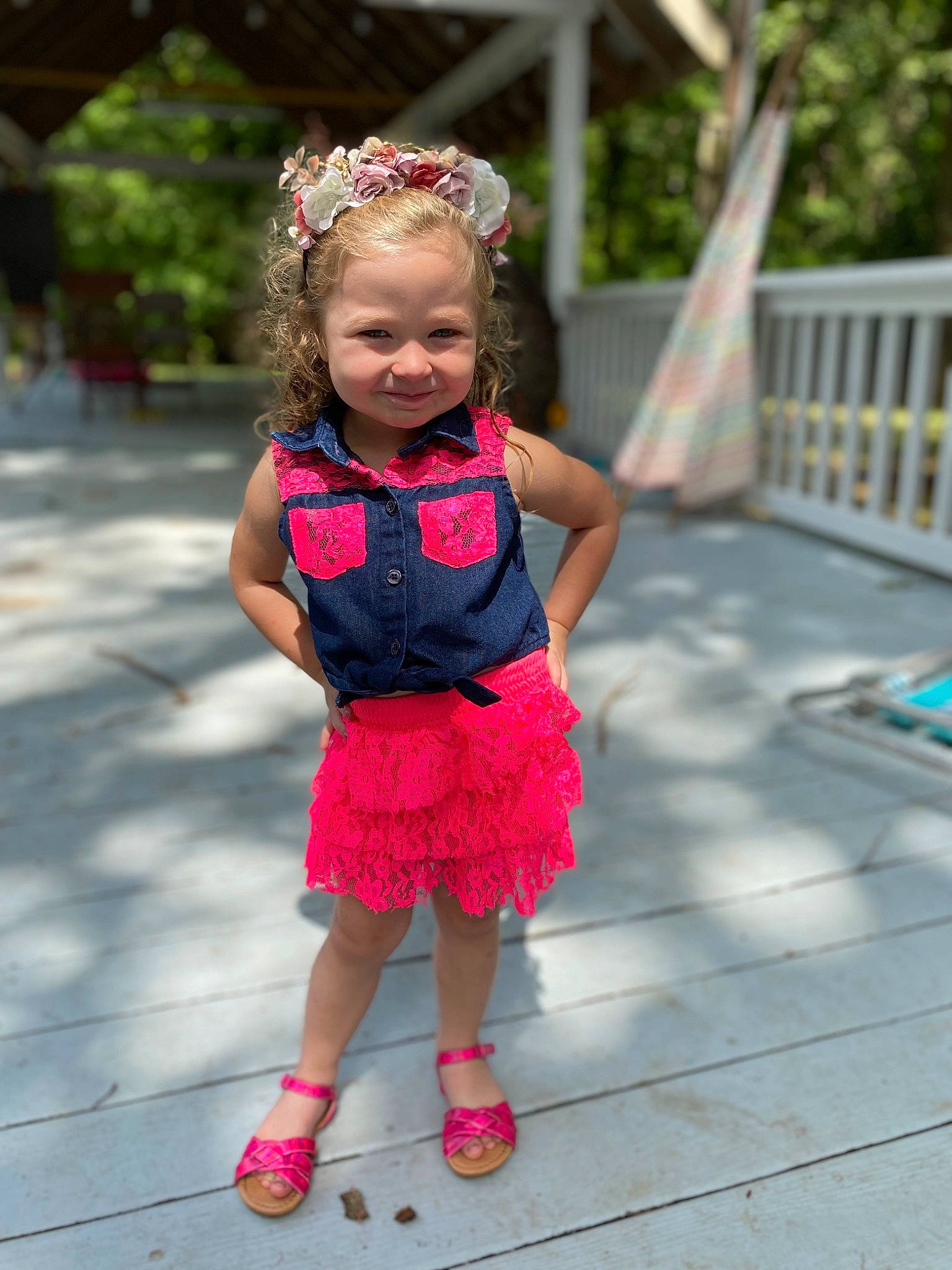 Taylynn is registered to the contest to win money with this photo: baby, baby_toddler_clothing, child, event, fashion_accessory, fun, grass, happy, headband, headpiece, jewellery, joy, leisure, magenta, person, pink, plant, public_space, recreation, sandal
