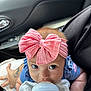 baby, infant, bottle, feeding, pink_bow, headband, car_seat, tattoo, hand, blue_clothing, person, closeup, cute, child, indoors, feeding_bottle, looking_up, skin, young_child, sitting