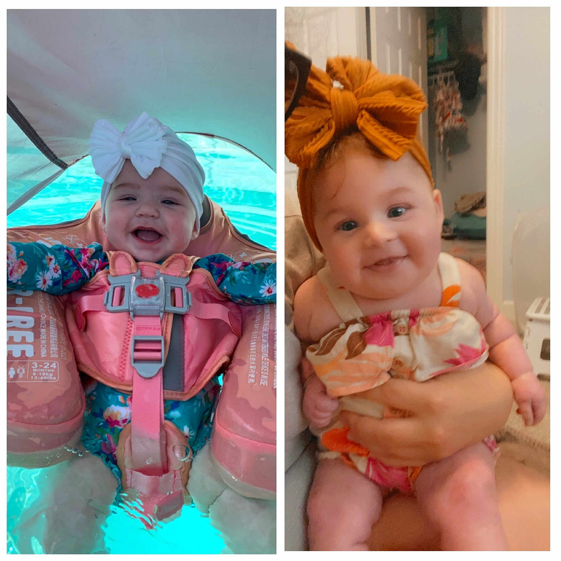 Savvi And Scarlett joined the competition — help win amazing prizes! baby, bow, child, clothing, colorful, cute, floaties, fun, hand, happy, headwear, indoor, infant, lifejacket, person, pool, portrait, smiling, toddler, water