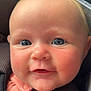 baby, infant, face, blue_eyes, rosy_cheeks, close_up, car_seat, child, cute, young, person, portrait, skin, expression, smile, head, seatbelt, clothing, seat, indoor