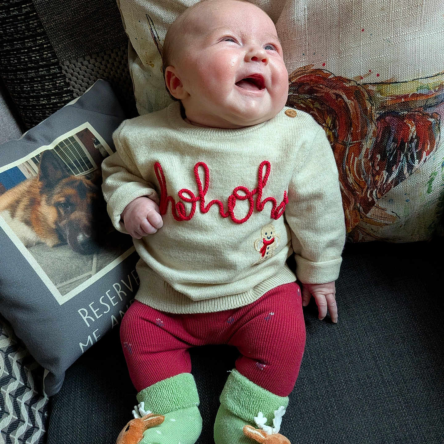 Myah is registered to the contest to win money with this photo: baby, child, clothing, couch, cozy, cute, dog_photo, green_socks, happy, hohoho, holiday_theme, indoor, infant, pillows, portrait, reindeer, rooster_pillow, sitting, smiling, sweater