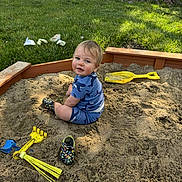 Spencer is registered to the contest to win money with this photo: toddler, child, sandbox, sand, toy, yellow_shovel, yellow_rake, blue_toy, grass, tree_trunk, outdoor, summer, play, footwear, shorts, shirt, dinosaur_print, curious_expression, daylight, nature