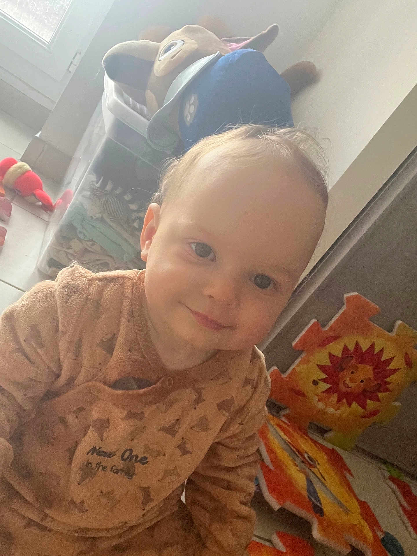 Grégory participe au concours pour gagner de l'argent avec cette photo : toddler, child, smile, indoor, plush_toy, foam_puzzle, brown_clothing, fox_pattern, floor, window, natural_light, face, happy, soft_lighting, play_area, cute, person, young_child, cozy, expression