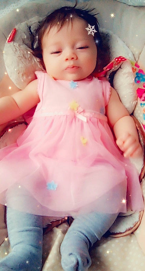 Jayleigh La'Chell Faith Cummings is registered to the contest to win money with this photo: baby, baby_toddler_clothing, cheek, child, dress, eye, eyelash, face, facial_expression, finger, happy, lip, neck, pattern, person, pink, skin, sleeve, thigh, toddler