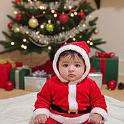Jashvi is registered to the contest to win money with this photo: baby, child, santa_claus_costume, christmas_tree, holiday, presents, indoors, festive, red_clothing, white_trim, floor, blanket, decorations, ornaments, lights, celebration, cute, portrait, seasonal, holiday_spirit