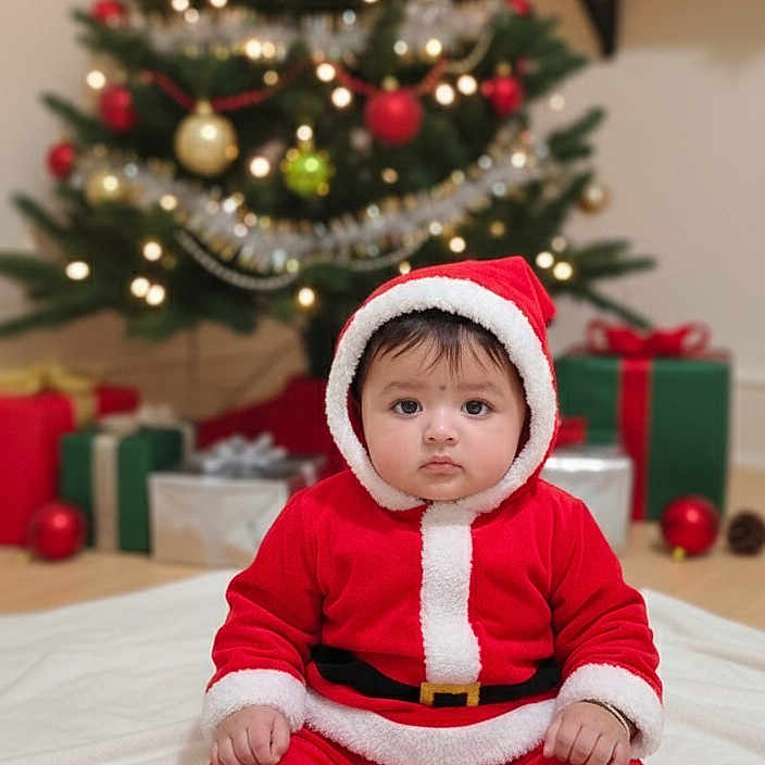 Jashvi is registered to the contest to win money with this photo: baby, blanket, celebration, child, christmas_tree, cute, decorations, festive, floor, holiday, holiday_spirit, indoors, lights, ornaments, portrait, presents, red_clothing, santa_claus_costume, seasonal, white_trim
