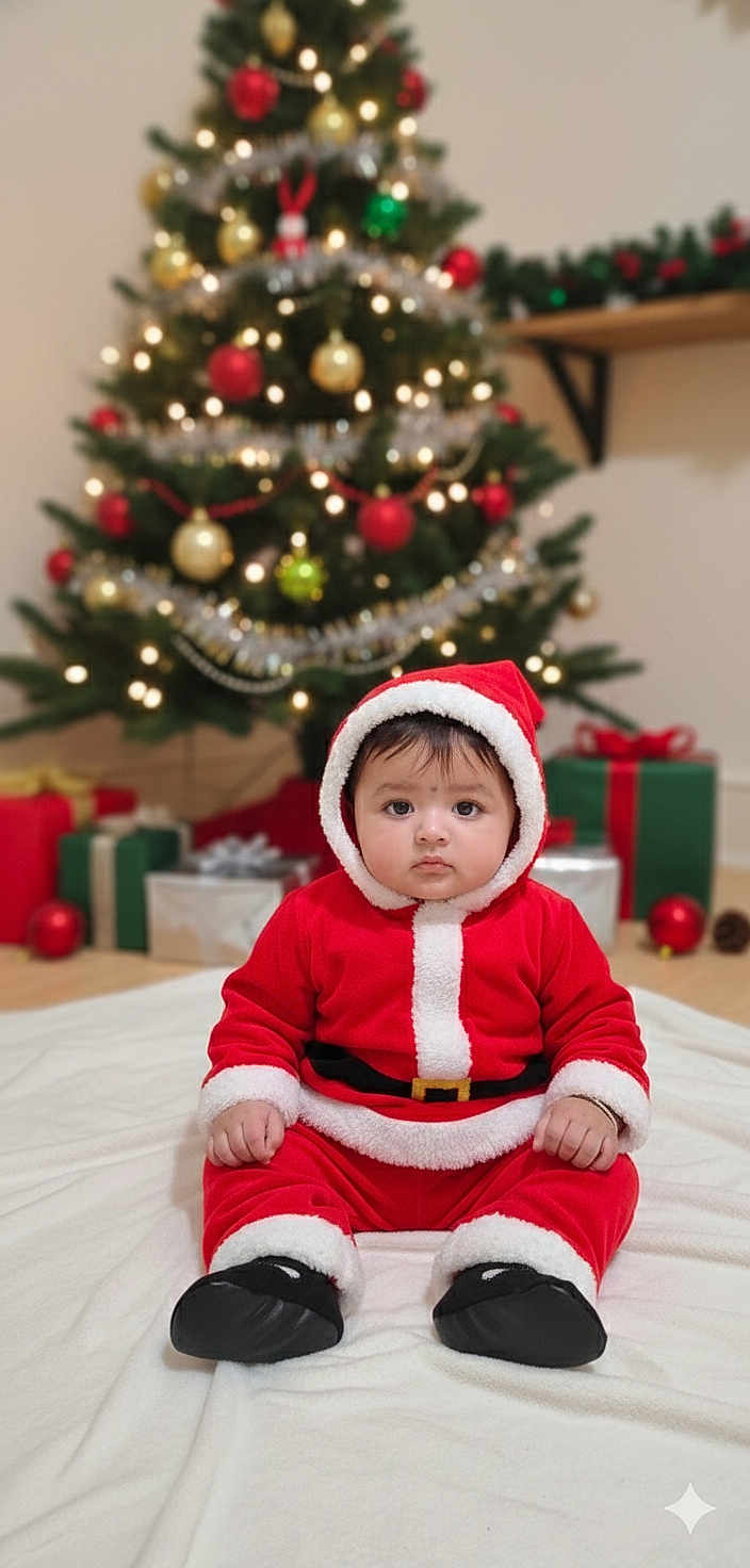 Jashvi is registered to the contest to win money with this photo: baby, child, santa_claus_costume, christmas_tree, holiday, presents, indoors, festive, red_clothing, white_trim, floor, blanket, decorations, ornaments, lights, celebration, cute, portrait, seasonal, holiday_spirit