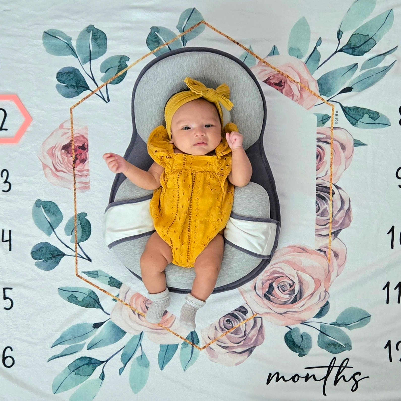 Kionna joined the competition — help win amazing prizes! baby, baby_seat, child, cute, floral_blanket, green_leaves, headband, highlighted_number, indoors, infant, lying_down, milestone_blanket, months, number_two, pastel_colors, pink_flowers, portrait, socks, soft_lighting, yellow_outfit