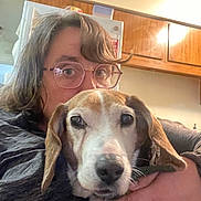 Buddy Boy is registered to the contest to win money with this photo: person, dog, beagle, pet, glasses, hand_holding, closeup, portrait, indoor, kitchen, wooden_cabinet, refrigerator, face, ears, muzzle, brown_eyes, senior_dog, cuddling, casual_clothing, cozy